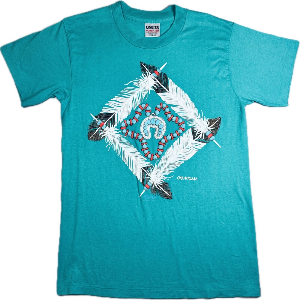 Vintage 90s Oneita Power 50 Oklahoma Native American Feather Graphic Tee L